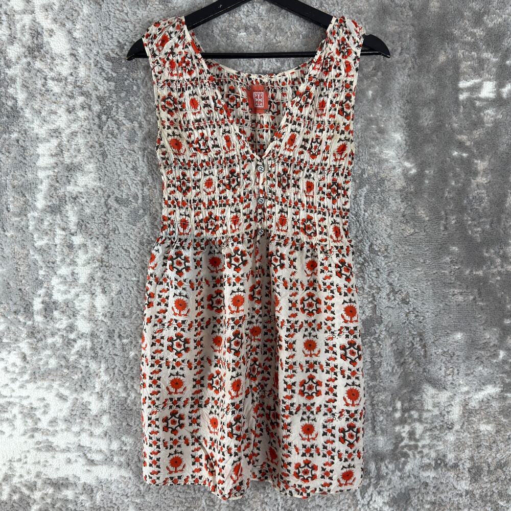 Free People Sz 0 Boho Silk Floral V Neck Flared Mini‎ Dress Red Ivory Sleeveless
